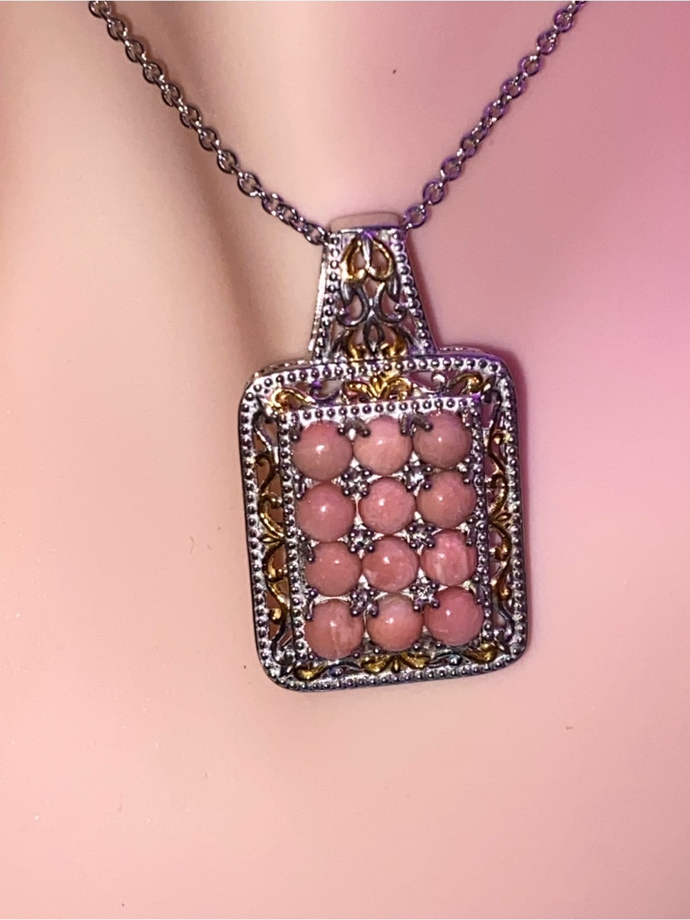Karis Oregon Peach Opal 2.40 ctw Victorian Floral Pendant 18K YG plated PL Bond